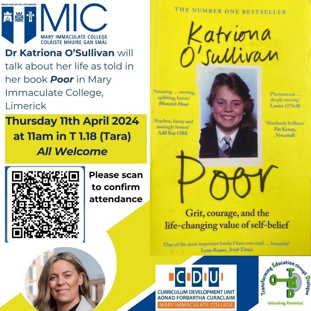 Dr Katriona O’Sullivan’s book, Poor, debuted at #1 on the Irish Non-Fiction bestseller list. The book is a memoir that describes the far-reaching impact of childhood poverty. Join Dr O’Sullivan for a talk on Poor this Thursday 11 April at 11am. Book now: forms.office.com/Pages/Response…