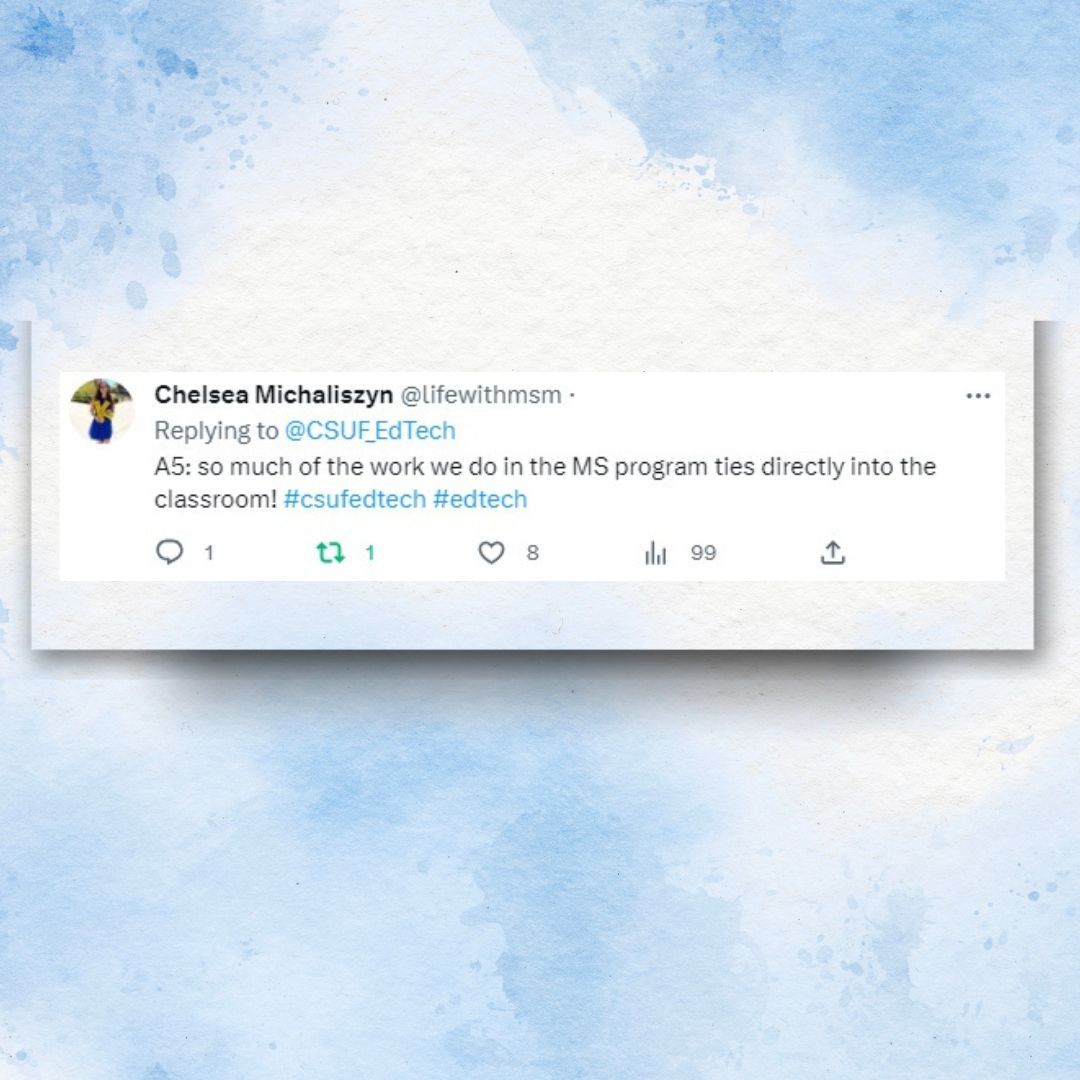 CSUF Ed Tech Program (@csuf_edtech) on Twitter photo Chelsea <a href="/lifewithmsm/">Chelsea Michaliszyn</a> says, "So much of the work we do in the MS program ties directly into the classroom!" #whyshouldyoujoinus #BecomeAnEdTechTitan #tellyourfriends @CSUFofficial <a href="/csufcoe/">CSUF College of Education</a> Chelsea <a href="/lifewithmsm/">Chelsea Michaliszyn</a> says, "So much of the work we do in the MS program ties directly into the classroom!" #whyshouldyoujoinus #BecomeAnEdTechTitan #tellyourfriends @CSUFofficial <a href="/csufcoe/">CSUF College of Education</a>