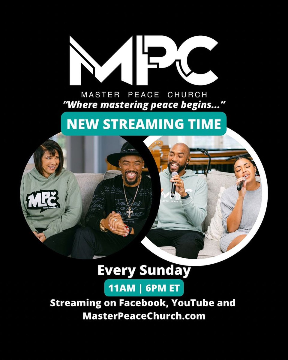 Master Peace Church now has two streaming times! Join us every Sunday at 11 AM & 6 PM ET at MasterPeaceChurch.com or Facebook & YouTube! See you soon!