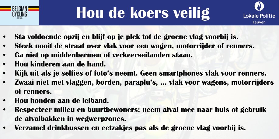 PolitieLeuven's tweet photo. Ga je morgen supporteren tijdens de #brabantsepijl, hou het dan veilig en sportief. 🙏
Hierbij alvast enkele tips. https://t.co/381rsJ571S