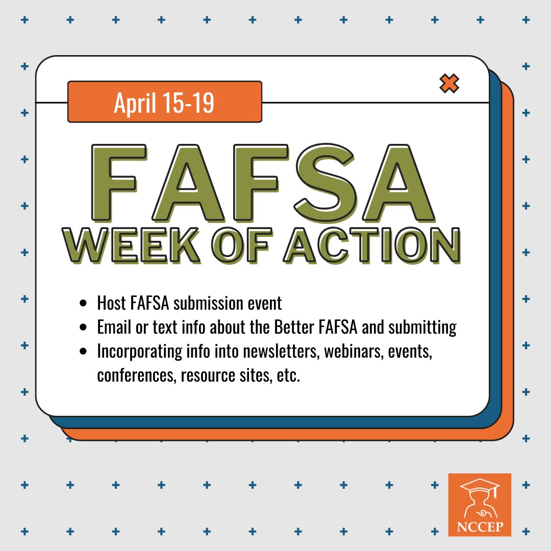 Will you join the #FAFSAWeekOfAction by hosting events, posting on social media, or incorporating FAFSA details into your resources? 👉 We want to see your incredible efforts! Tag NCCEP and #GEARUPworks when you showcase FAFSA activities this week. Let's make a difference 🎓💼