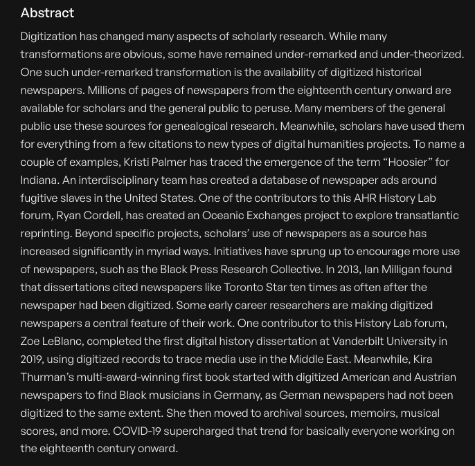 In @AmHistReview, @HeidiTworek shows how the large-scale digitization of newspapers has created new opportunities for historical research, including leveraging frontier text analysis methods.

academic.oup.com/ahr/article-ab…