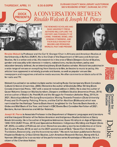 Duke University Press (@dukepress) on Twitter photo This Thursday, DocX at <a href="/CDSDuke/">Center for Documentary Studies</a> will host an in-person conversation in #Durham between Rinaldo Walcott (@blacklikewho), author of “The Long Emancipation” & contributor to “Borders, Human Itineraries, and All Our Relations, and Joseph M. Pierce. ow.ly/gJyC50RaM8L This Thursday, DocX at <a href="/CDSDuke/">Center for Documentary Studies</a> will host an in-person conversation in #Durham between Rinaldo Walcott (@blacklikewho), author of “The Long Emancipation” & contributor to “Borders, Human Itineraries, and All Our Relations, and Joseph M. Pierce. ow.ly/gJyC50RaM8L