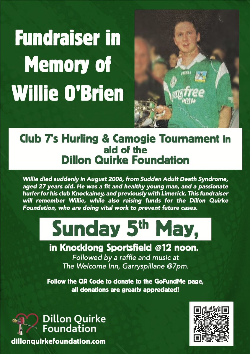 Fundraiser in memory of former @LimerickCLG & @KnockaineyGaa hurler Willie O'Brien in aid of the @dqfoundation22 . Organised by Willie's daughter Keeva, GoFund me link here gofund.me/7aaec809 @GarryspillaneGA @GaaEast @ClonRossGAA