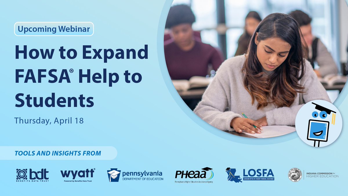 Excited to join @usedgov's #FAFSAWeekofAction! Tune in on April 18 at 1pm EDT for our panel w/ @PADeptofEd, @PHEAAaid, @LOSFA, & @HigherEdIN on ways to help students complete the #FAFSA and key tools that can support these efforts, like BDT’s Wyatt. RSVP: bdtrust-org.zoom.us/webinar/regist…