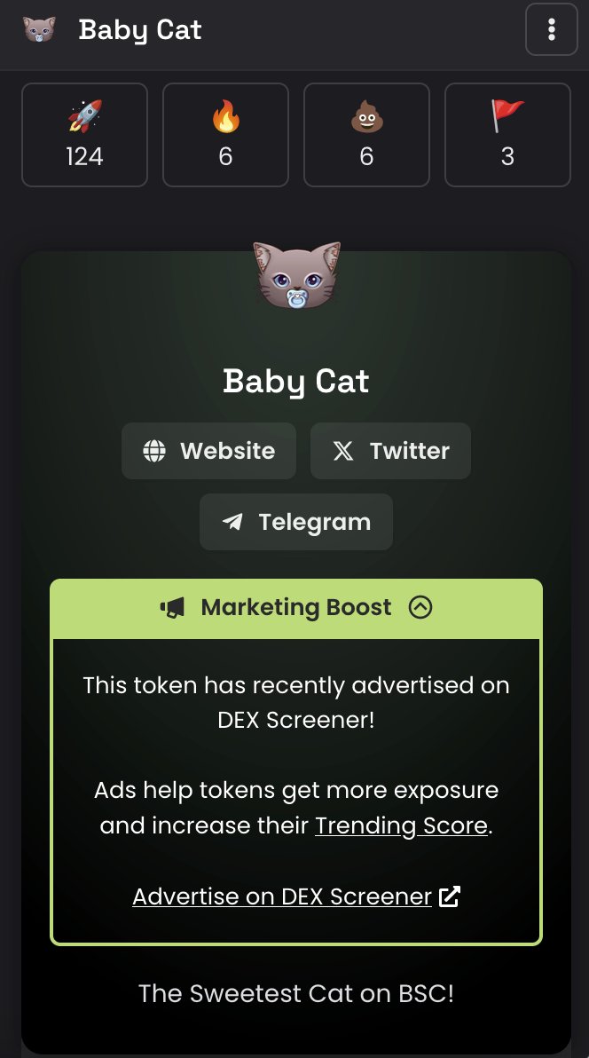 🐱$BabyCat is now being advertised on Dexscreener!🔥

Spreading the sweetness to the world! 🚀

dexscreener.com/bsc/0xdf7ccbe2…