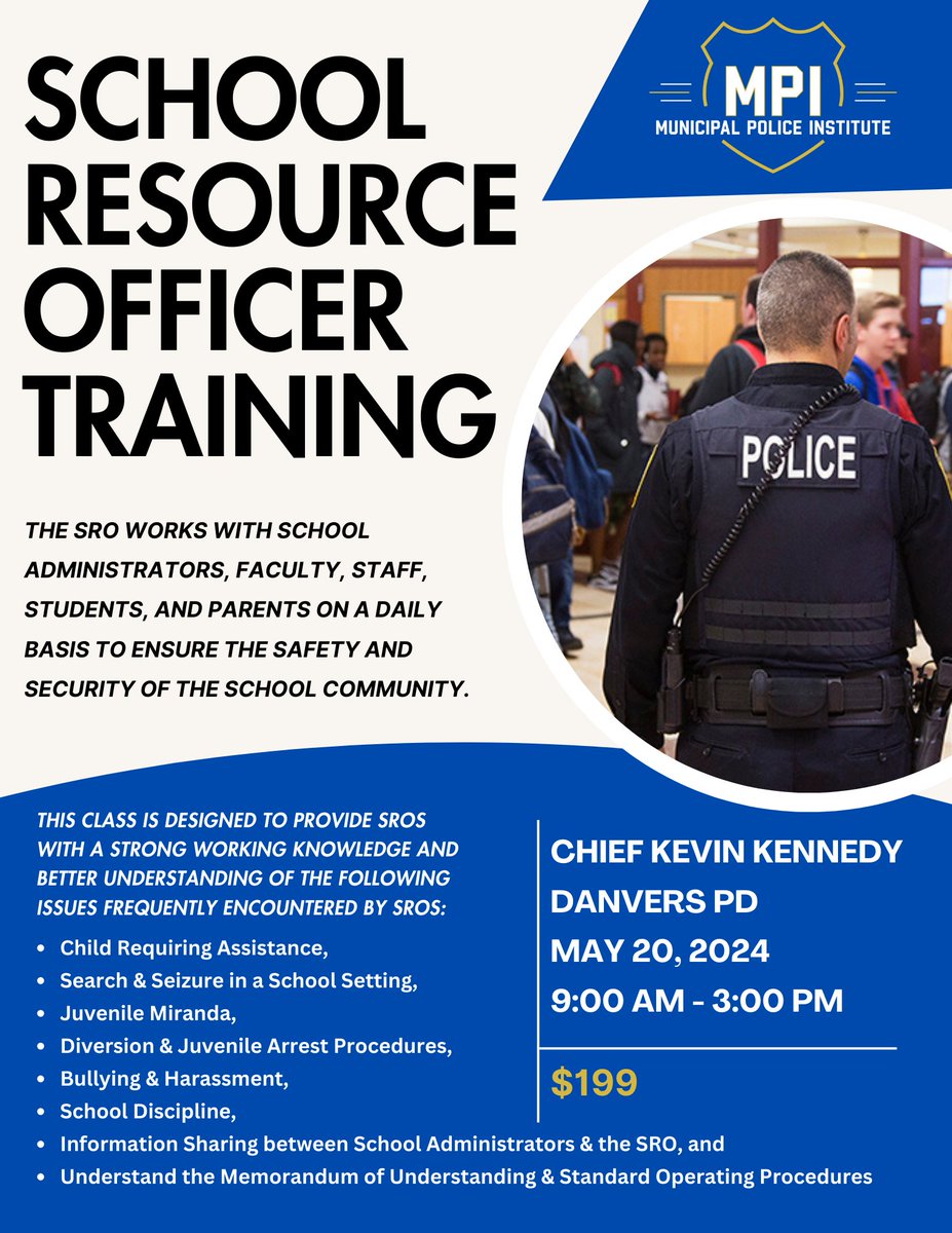 School Resource Officer Training 
Click the link below to read more!
mpitraining.com/events/school-…
#police #policetraining #lawenforcement #lawenforcementtraining #massachusetts #mpi #leadership #SRO #training #trainwiththebest