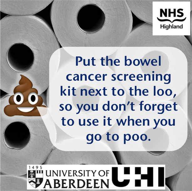 Aged 50-74? Put your bowel screening kit next to the loo, so you don’t forget to use it when you go to poo. 9 out of 10 people survive bowel cancer if it is found and treated early. For more information visit nhsinform.scot/bowelscreening #ScotsScreening