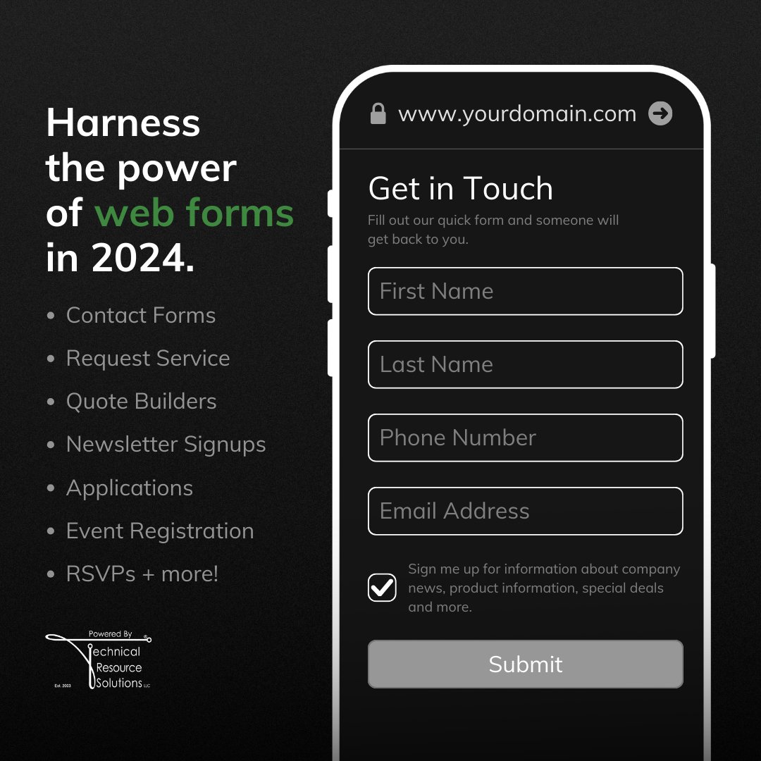 Technicalrs's tweet image. Did you know that web forms can be a game-changer for your business? Let #TechnicalResourceSolutions help you harness the power of web forms!

Contact us today to schedule a free consultation: 678-928-9491

 #WebForms #PoweredByTRS #TRS #ManagedServices