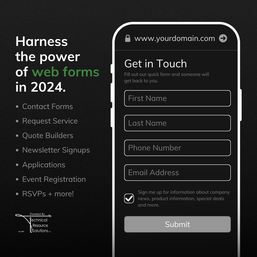 Did you know that web forms can be a game-changer for your business? Let #TechnicalResourceSolutions help you harness the power of web forms!

Contact us today to schedule a free consultation: 678-928-9491

 #WebForms #PoweredByTRS #TRS #ManagedServices
