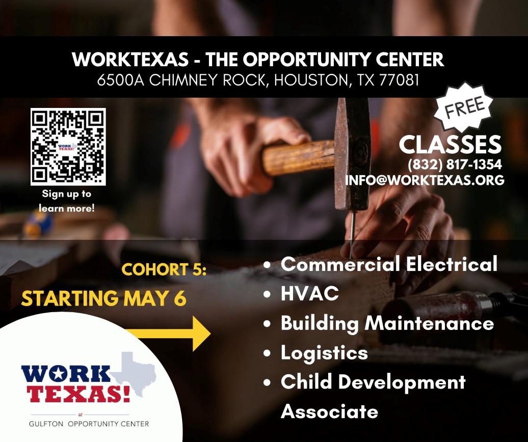 Unlock new career possibilities with FREE trade classes at Work Texas - Gulfton Opportunity Center! 🛠️ Gain skills in commercial electrical, HVAC, building maintenance, logistics, and carpentry. Classes kick off on May 6. 👉 Sign up: loom.ly/oR_6AqY #HCPrecinct4
