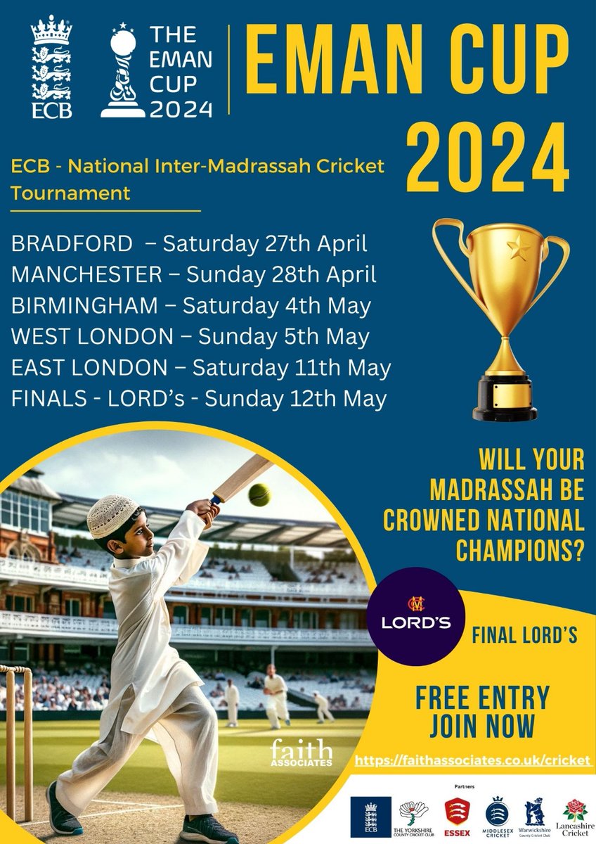 🏏Three weeks to go before the start of the first of its kind Eman Cup 2024! An @ECB_cricket National Inter-Madrassah Cricket Tournament. There will be five regional tournaments leading to the final event at Lords Cricket Ground, crowning a national champion. #EmanCup