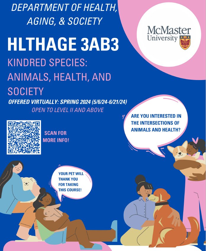 Are you interested in the intersections of animals & health? @McMasterHAS is offering HLTHAGE 3AB3 Kindred Species: Animals, Health & Society this Spring 2024 as a VIRTUAL course! Open to ugrad students in Level 2 or above. Visit socialsciences.mcmaster.ca/current-studen… #onehealth #publichealth