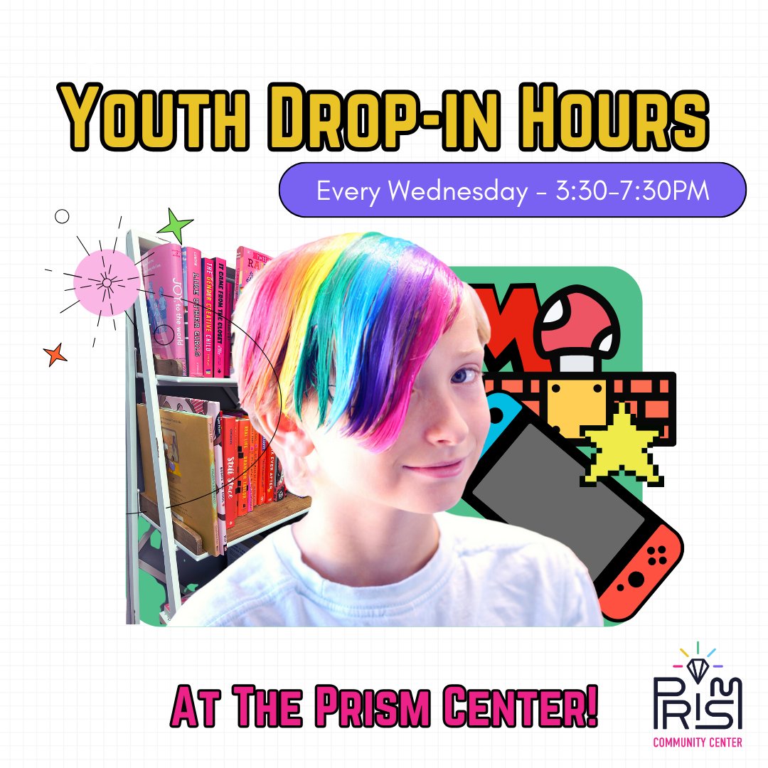 This week for Youth Drop-in Hours we are bringing in switch controllers for Mario and other games!🎮Read a book, use our computer or enjoy a quiet corner, it's up to you!⁠ Make Wednesday the highlight of your week at the Prism Center🌈
.⁠
#PrismYouthDropIn #PrismCenter ⁠