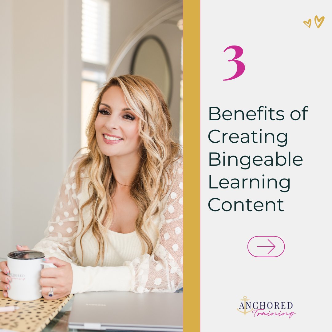 AnchoredTrning's tweet photo. 3 Benefits of Creating Bingeable Learning Content Benefit #1 Increased Engagement → Better Retention Want More? Stay tuned for tips #2 and #3 coming this week! https://t.co/7GB9NLRCIn