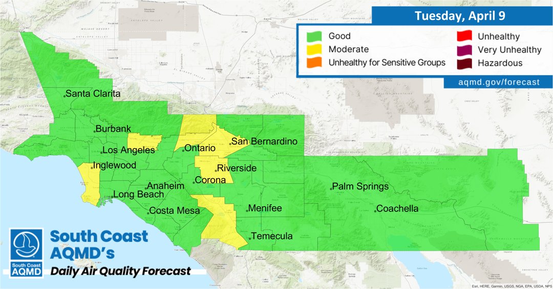 Air Quality Forecast (Tuesday, April 9th): aqmd.gov/forecast 🏖 Coastal: Good -to- Moderate 🏙 LA: Good -to- Moderate 🌅 OC: Good 🌄 Inland Empire: Good -to- Moderate 🌴 Coachella Valley: Good