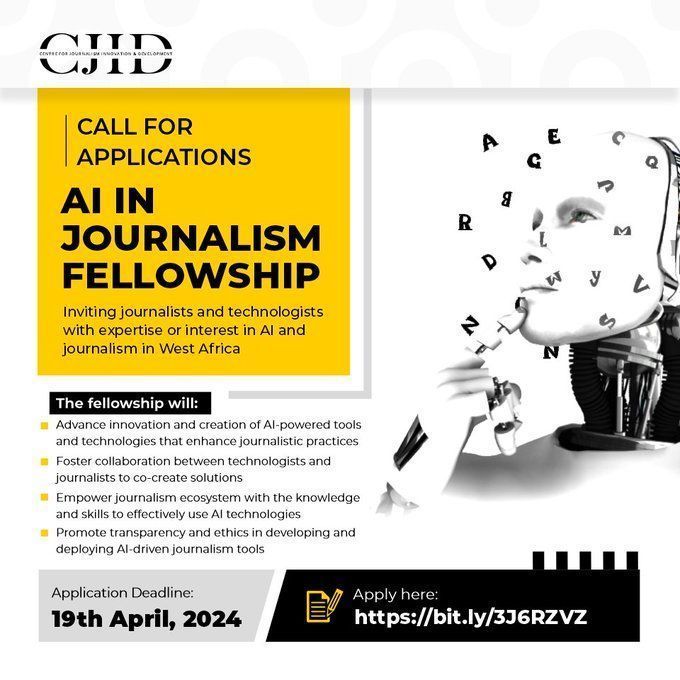 Call for Applications: AI in Journalism Fellowship. @CJIDAfrica invites journalists, technologists, & individuals in Nigeria with expertise or interest in AI & journalism to apply for an AI in Journalism Fellowship. Apply by April 19 here 👉 buff.ly/3vAJwaC