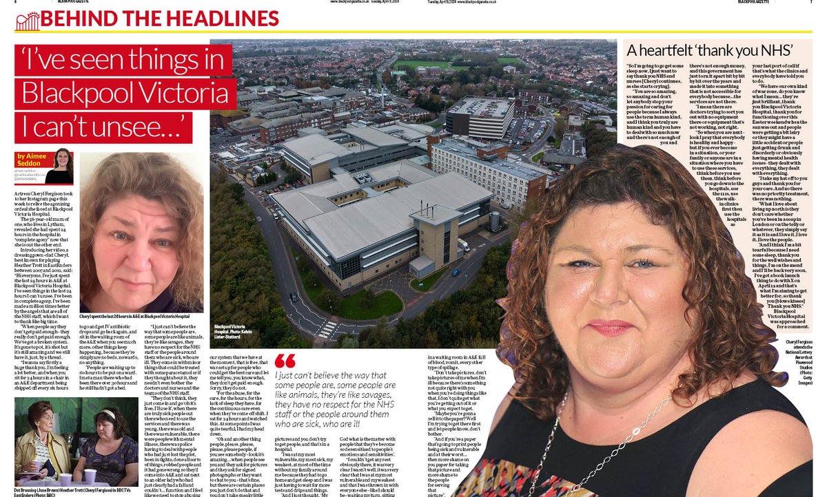 Joint design effort by @MichLockwood10 and @CJLightowler for today's @The_Gazette as actress @cherylfergison1 relives her 24-hour agony in @BlackpoolHosp @BlackpoolHospED. The star, who played Heather Trott in @bbceastenders, praised @NHSuk staff. @aimeeseddon_ reports.