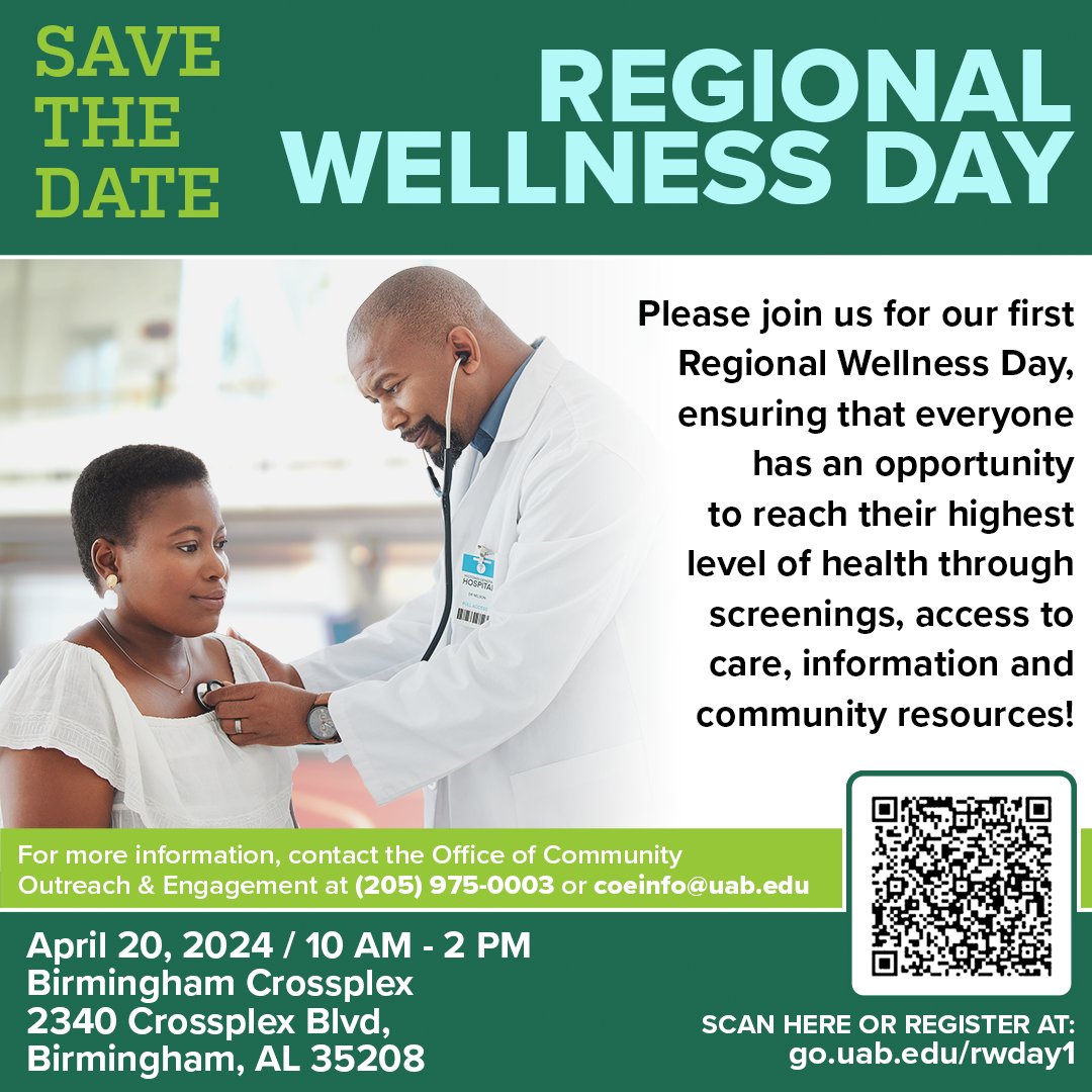 Join us for our first Regional Wellness Day! There will be free health screenings, community resources, lunch, and more. We look forward to seeing you there! To sign up, visit go.uab.edu/rwday1. #cancerawareness #cancerscreening