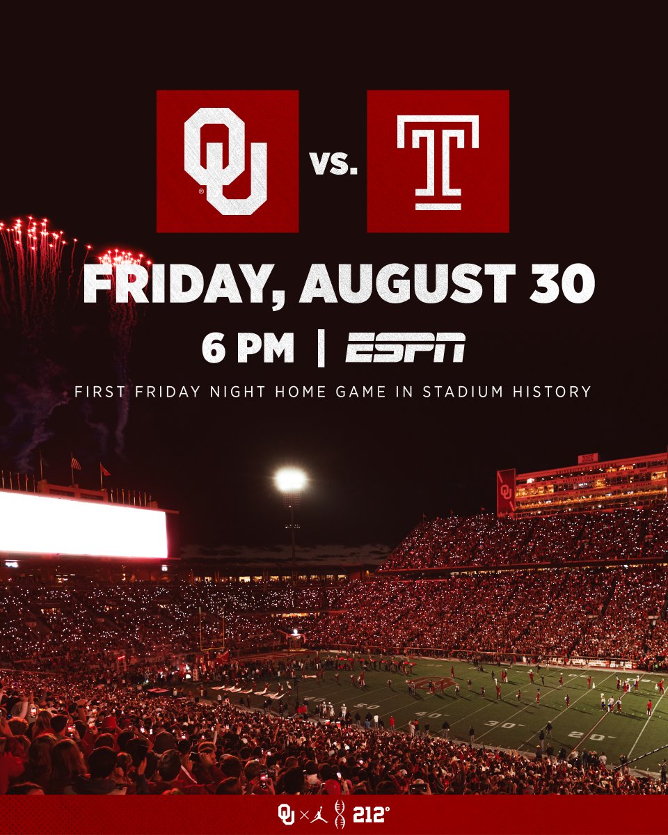 Friday Night Lights 💡 OU's season opener vs. Temple moved up one day to 𝗙𝗿𝗶𝗱𝗮𝘆, 𝗔𝘂𝗴. 𝟯𝟬 – the first Friday night home game in stadium history. 📅 ouath.at/3JaaGIv | #OUDNA