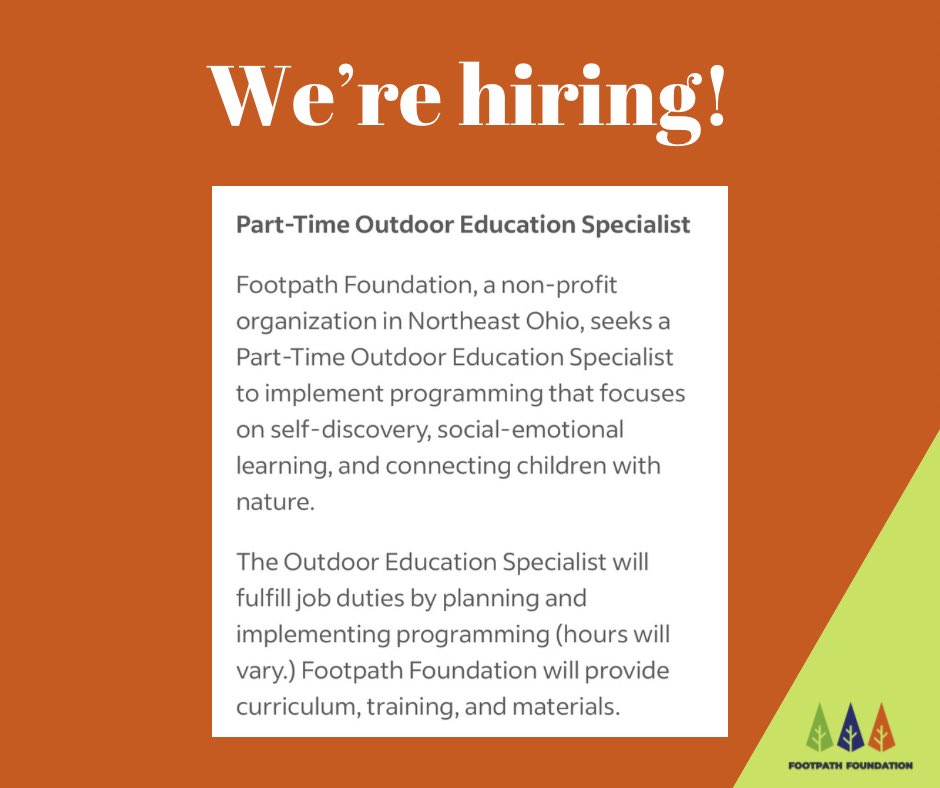 Footpath_Org's tweet photo. 🧩Join our team! 

Footpath is hiring - visit https://t.co/HX7k7xXjtL for more details and to apply:

Part-Time Outdoor Education Specialist

Footpath Foundation, a non-profit organization in Northeast Ohio, seeks a Part-Time Outdoor Education Specialist to implement programming https://t.co/ZWxVujfuGw
