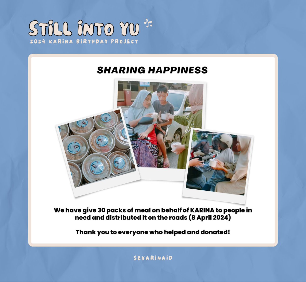 SEKARINA_ID's tweet photo. 💙 2024 KARINA BIRTHDAY PROJECT 💙

— PART.6
𝐒𝐇𝐀𝐑𝐈𝐍𝐆 𝐇𝐀𝐏𝐏𝐈𝐍𝐄𝐒𝐒 
𝐰𝐢𝐭𝐡 𝐊𝐀𝐑𝐈𝐍𝐀

Thank you to everyone who helped and donated💙🙏🏼

#KARINA #카리나 #カリナ #StillIntoYU 
#에스파 #aespa #유지민은봐라 https://t.co/LYLs1pLeuP