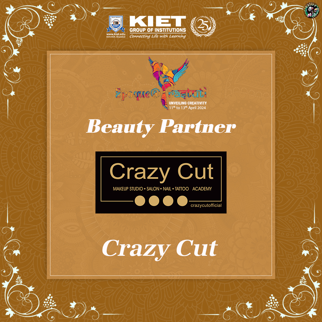 Thrilled to announce Crazy Cut as our Beauty Partner for EPOQUE@Prastuti 2024. 
#EpoqueAtPrastuti2024 #Sponsors #kiet_group_of_institutions #KIETGZB #kietengineeringcollege #KIET #AKTU #AICTE #KIETCulturalFest2024 #CulturalFest #Sponsors #CrazyCut #BeautyPartner
