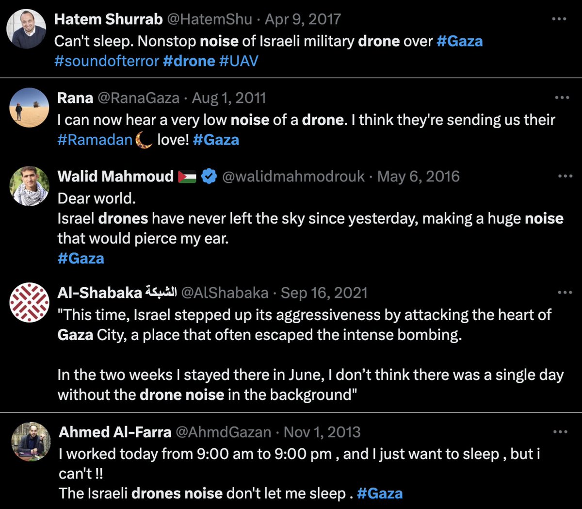 The incessant drone noise Palestinians in Gaza have to bear must have a huge psychological toll. It's day and night, I hear it in every video, interview, and phone call - a constant reminder of surveillance and war. And it's been going on for years. Just look at the dates here.