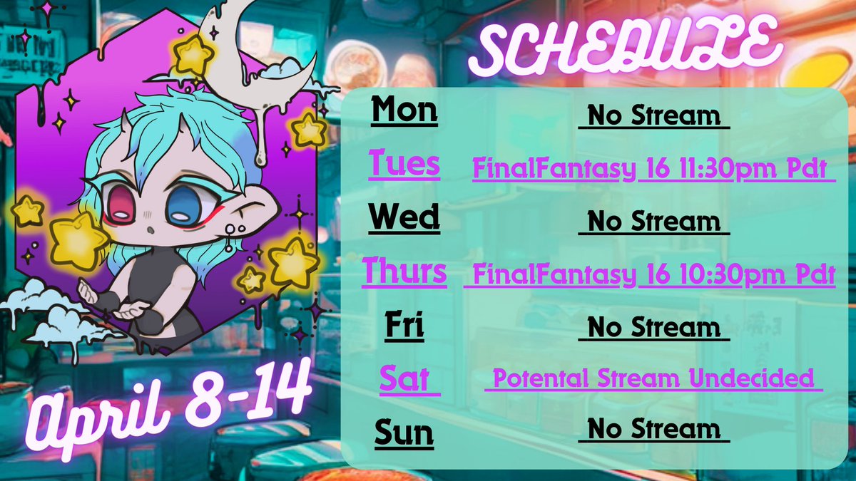 This Weeks Stream Schedule mind you this weeks schedule is still iffy due to stuffs! 
#pngtuber #cozychaos #twitchstreamer #twitchaffiliate