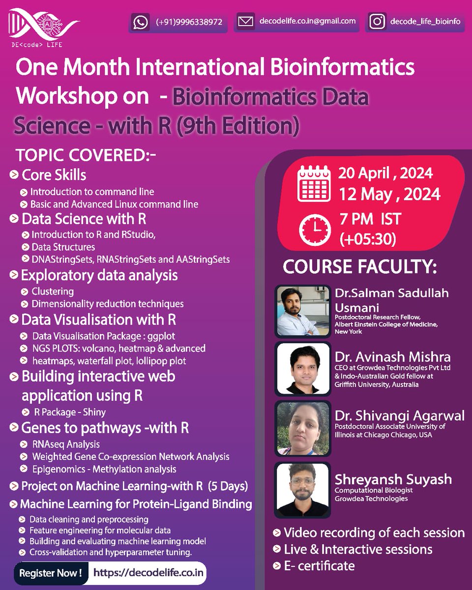 📢🎯One Month International #Workshop on - #Bioinformatics #DataScience with “R” - 9th Edition by Decode Life | 20 April - 12 May, 2024 helpbiotech.co.in/2024/04/decode… @LifeDecode
