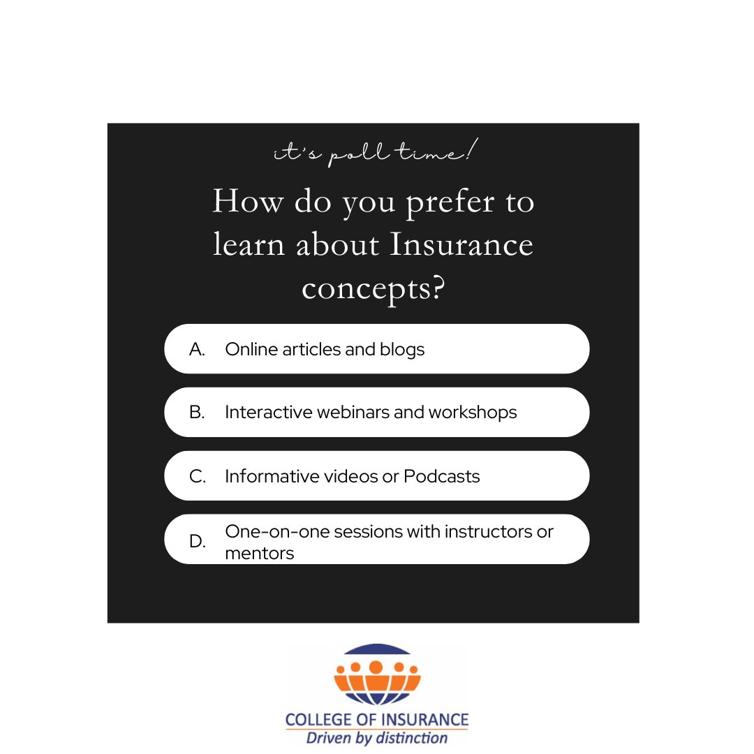 coi_kenya's tweet image. What's your go-to learning method for mastering insurance concepts? Choose from articles, workshops/webinars, or videos/podcasts. Your preference shapes our educational path! 
For enquiries call
+254-20-232-5881 
+254-722-509-759 
+254-733-520-238 
#LearningPreferences