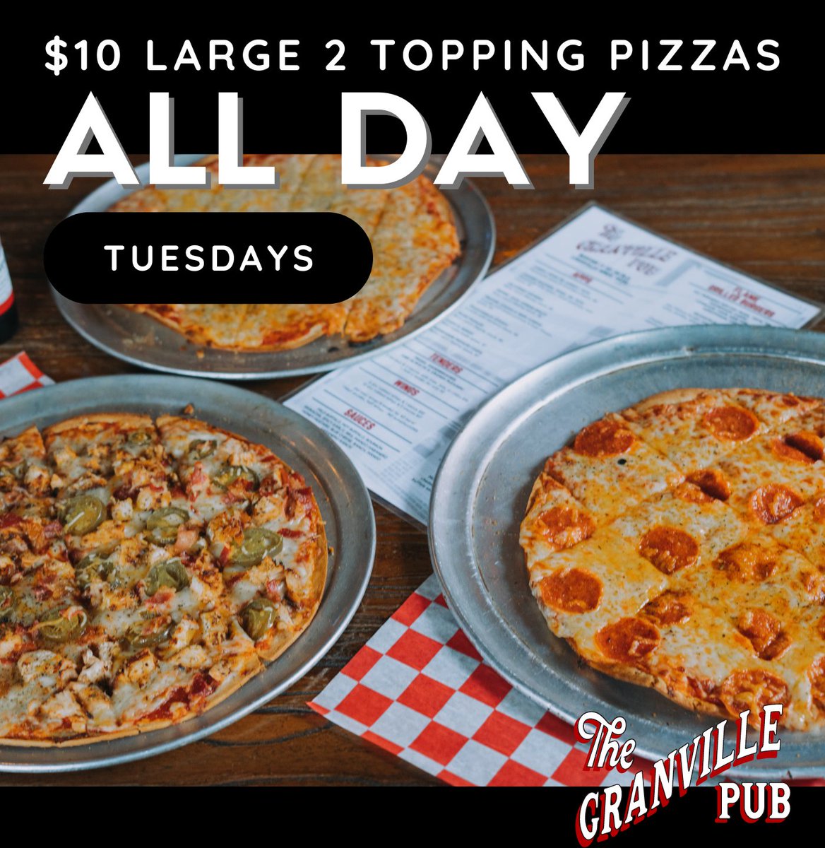 Lunch? Dinner? Late Night Snack? 🍕🍕🍕 

$10 ALL DAY - two topping large pizzas. Every Tuesday!

*Dine in Only*

#louisvillefoodscene #louisvillelove #louisvillelocal #kentuckiana #louisvilleky #louisvilleeats #universityoflouisville #louisvilleuniversity