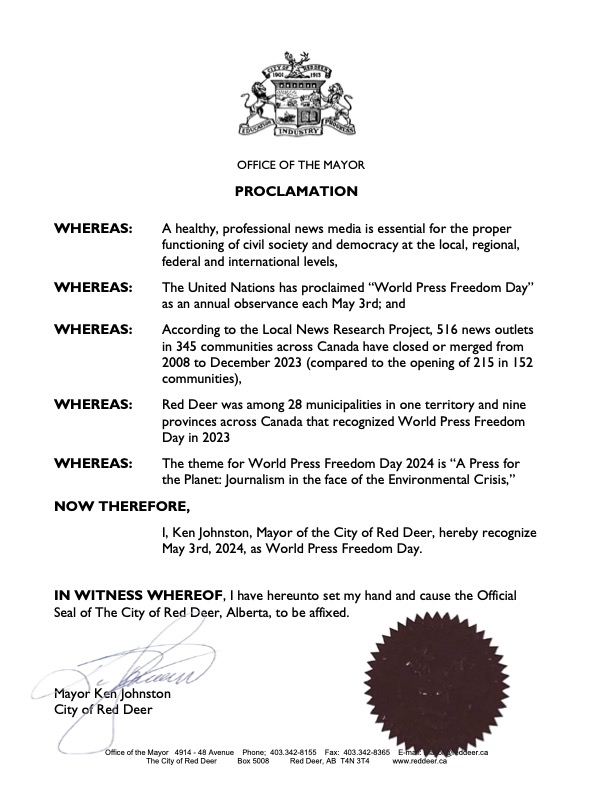 THANK YOU @MayorKJohnston for proclaiming May 3rd #WorldPressFreedomDay in @CityofRedDeer! #countdown to #WPFD2024 For details & map, visit ink-stainedwretches.org/campaigns.html @CCUNESCO @CDN_WPF @FCM_online @ABmunis @RuralMA @hirider750 @smccarthy55 @bre95525 @pjstask @CityofCamrose @caj