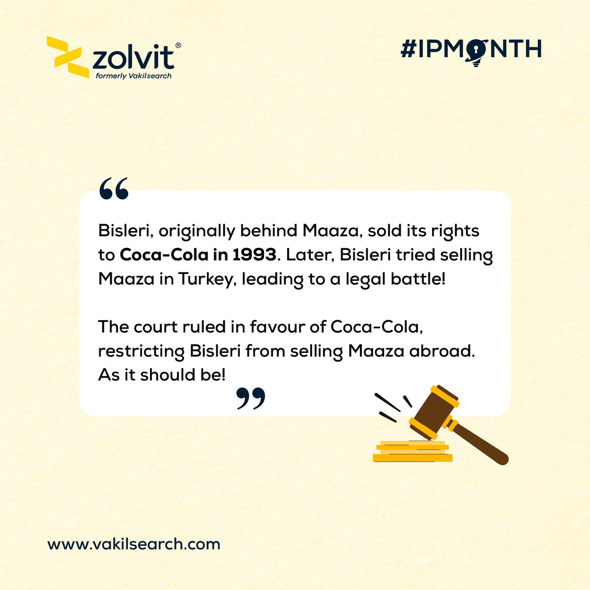 Letsvakilsearch's tweet photo. Are you aware of more such popular trademark fights? Let us know in the comments below!
#ipcontest #IPMonthCelebration #CelebratingIPMonthAtZolvit #IPMonth #worldipday #ZolvitIP #vakilsearch #zolvit #legalservices #bisleri #maaza #cococola #legalclash https://t.co/kXwLGoAESq