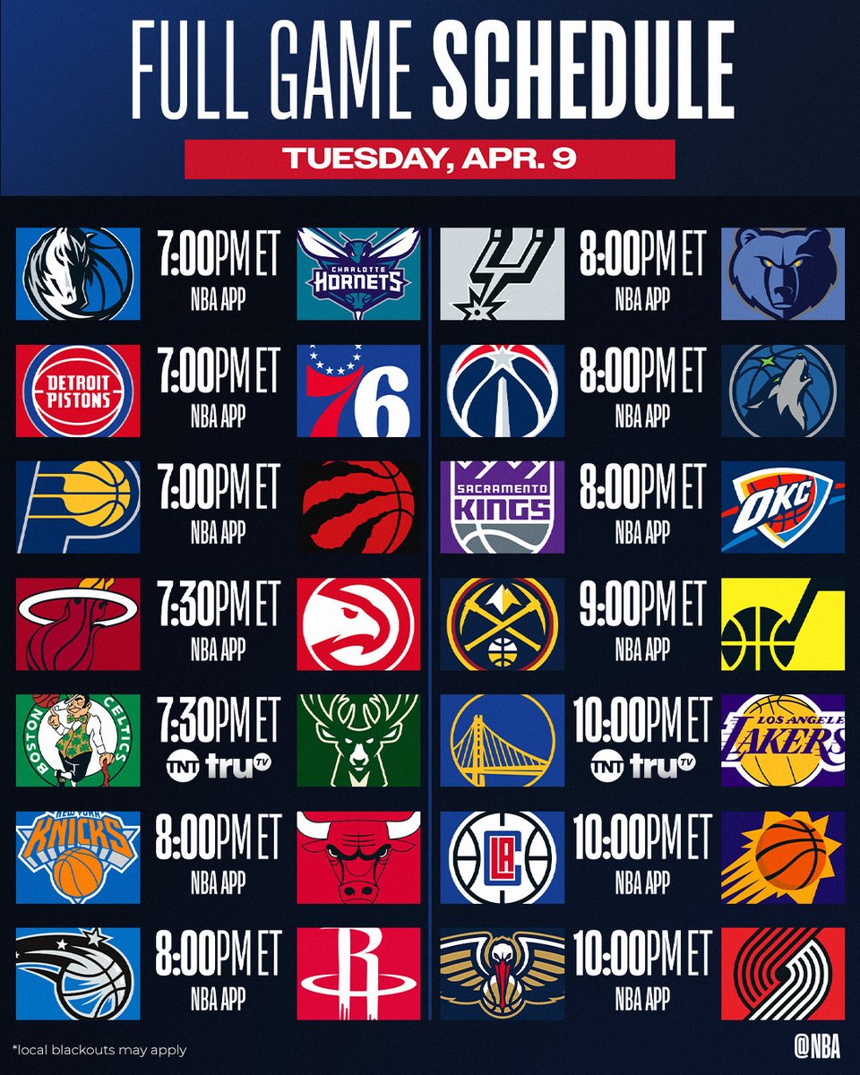 NBA's tweet image. 28 TEAMS IN ACTION ‼️

▪️ MIL vs. BOS, top two teams in the East battle
▪️ MIN, DEN, OKC (separated by 1 game atop the West) all in action
▪️ #10 GSW take on #9 LAL in a potential #SoFiPlayIn preview

📺 TNT, truTV, NBA App
📲 link.nba.com/dailysg