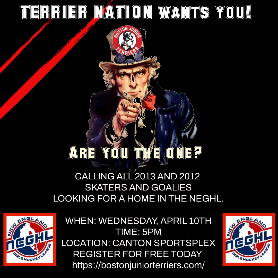 The Boston Jr. Lady Terriers have a few select spots for skaters and goalies at all levels of 12u hockey in the New England Girls Hockey League.  Register for FREE TODAY and join us on the ice on Wednesday, April 10 at 5:00pm at the Canton Sportsplex 🏒