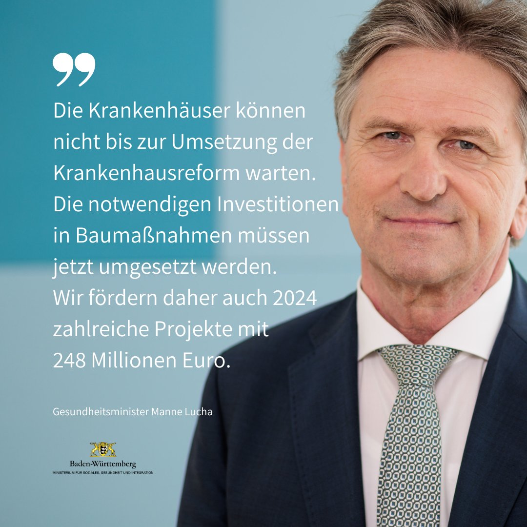 248 Millionen Euro investiert das Land 2024 in Baumaßnahmen von Krankenhäusern in Baden-Württemberg. Gefördert werden 12 Baumaßnahmen und 3 Planungsraten. t1p.de/1js4j #Krankenhaus #Finanzierung #Baumaßnahmen #Sanierung #Investition