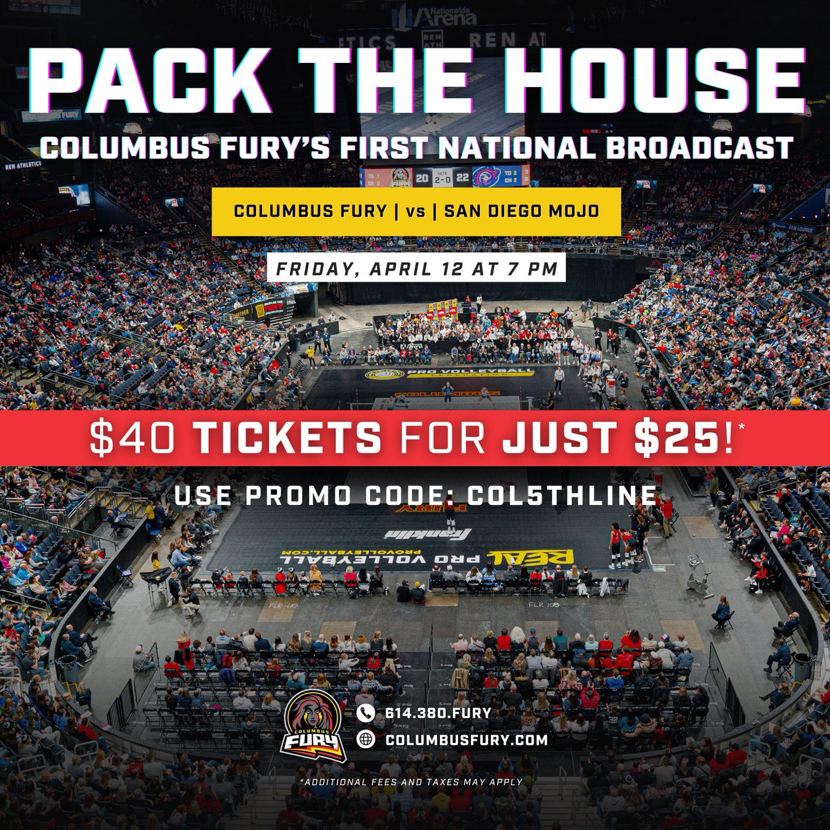 CBJ fans- @ColumbusFury’s first national broadcast is coming up this Friday. If you haven’t made it out to a game yet, now is a great chance to pack the house. 🏐🔥 Use code “COL5THLINE” for some discounted tickets to support the fury! 💪