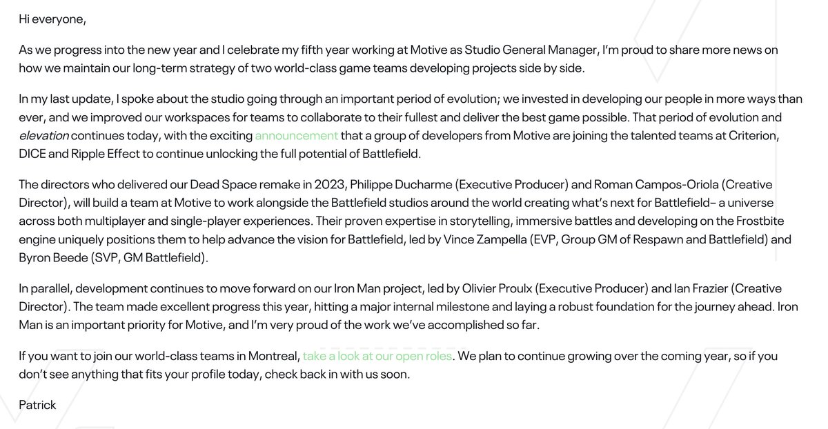 Motive Studios is building a team to 'work alongside the Battlefield studios around the world creating what’s next for Battlefield– a universe across both multiplayer and single-player experiences'