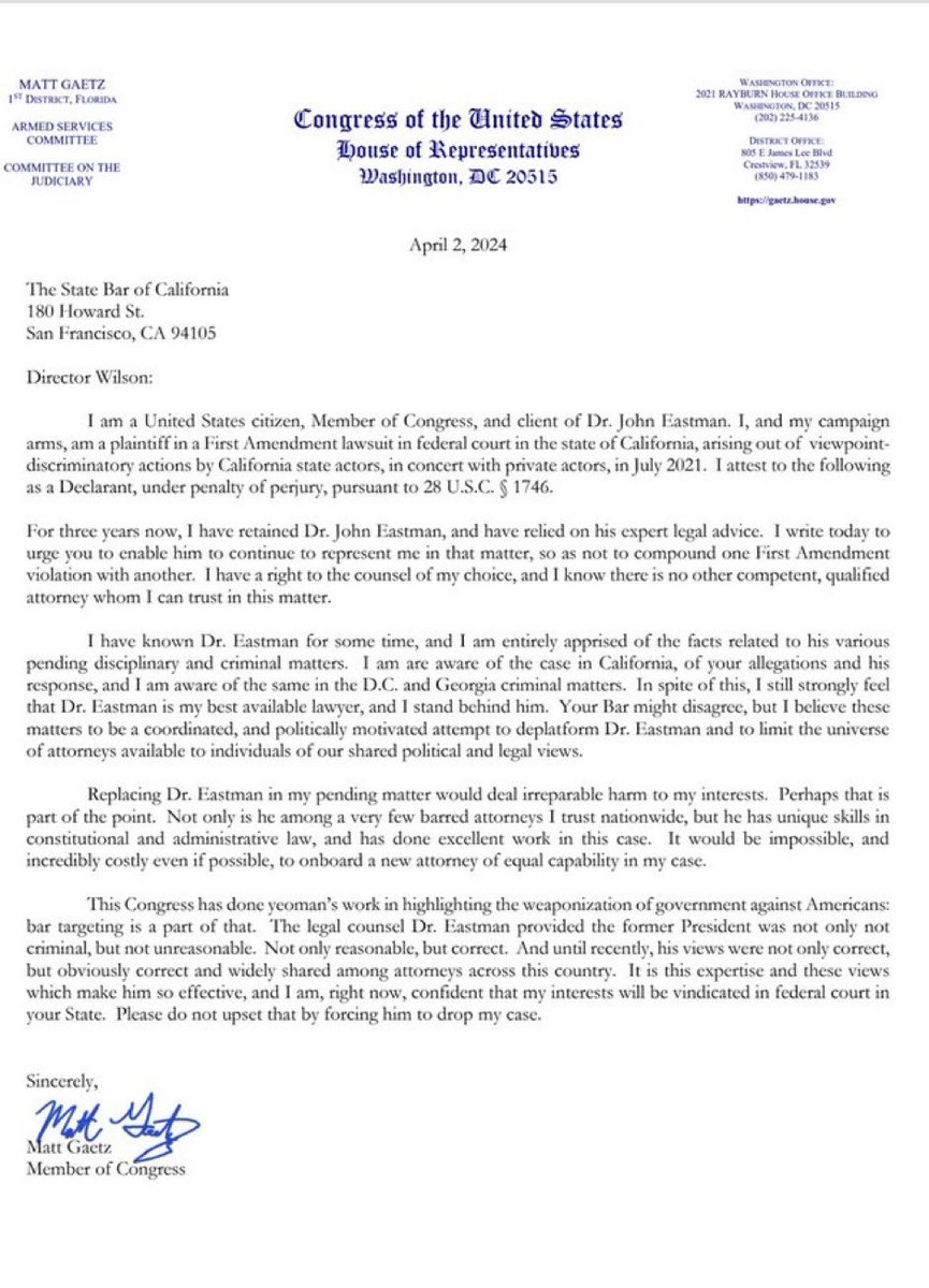 Just a reminder that Captain Venmo Matt Gaetz (and MTG) wrote a letter of support begging the judge to reinstate disgraced lawyer John Eastman’s law license after he was disbarred because that’s his attorney.

🤣