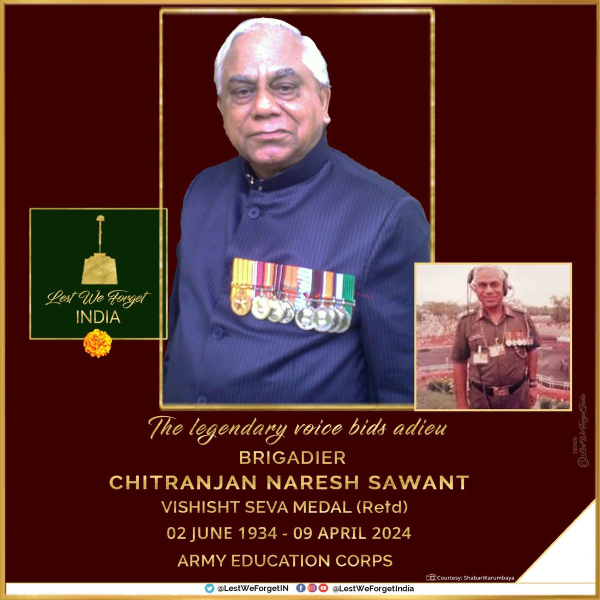 The legendary voice behind Republic Day & Independence Day live commentary Brigadier Chitaranjan Sawant, VSM (Retd), #ArmyEducationCorps, passed away today – 09 April 2024. He was two months shy of 90 years. A postgraduate in English, he worked as an assistant professor for two…