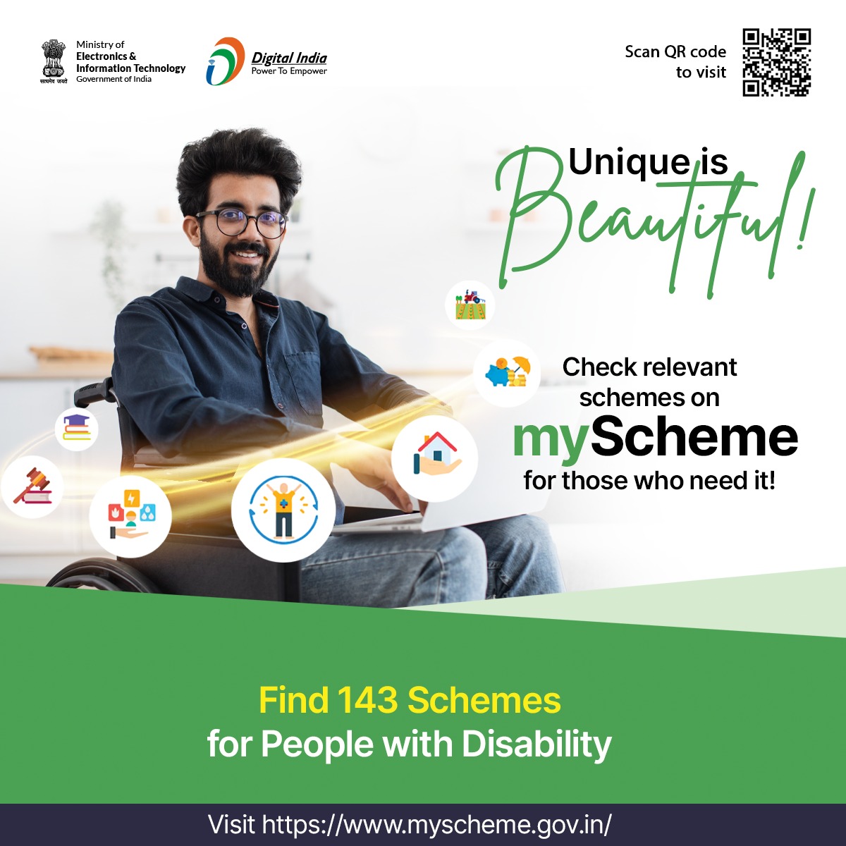 To make a thriving environment for people with disability, #myScheme tells you all the schemes (Central or State) meant for them. If you know somebody who can benefit from myscheme, share this info with them. Visit myscheme.gov.in #DigitalIndia @myscheme_gov