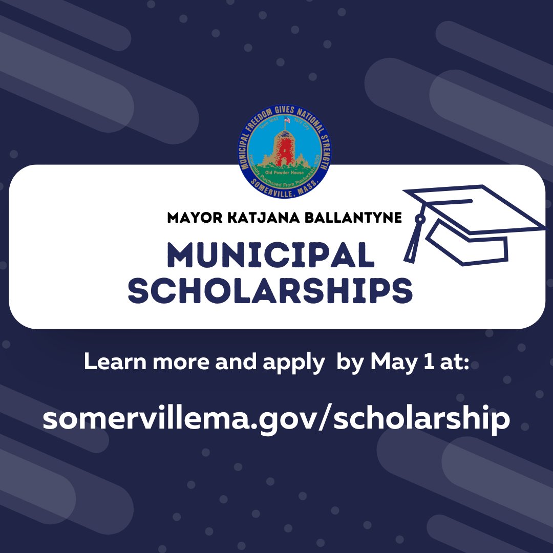 Five $1K scholarships are available for high school seniors graduating in 2024 through the City's Municipal Scholarship Committee. Applicants must be residents of Somerville accepted to an accredited post-secondary institution. Apply by May 1. Learn more: somervillema.gov/scholarship