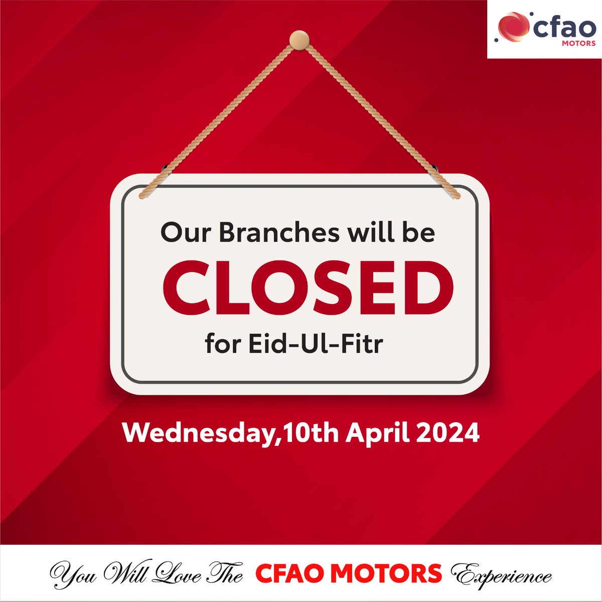 Dear valued customer, Kindly be informed that all CFAO Motors branches will be closed tomorrow, Wednesday, April 10th, 2024, in observance of Eid Ul-Fitr. Normal operations will resume on Thursday, April 11th, 2024. Eid Mubarak from all of us at CFAO Motors #CFAOMotorsDriveKenya