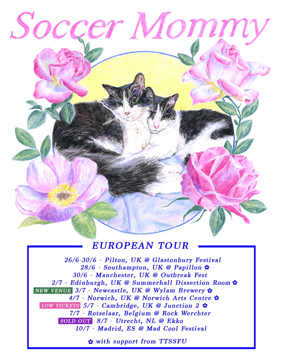 Very excited to share that @TTSSFU will be joining me for all UK shows this summer! Also, Newcastle’s venue has been upgraded, and Cambridge is now low on tickets. See you soon 💖 Tickets at soccermommyband.com Flyer design by Lia Lepre