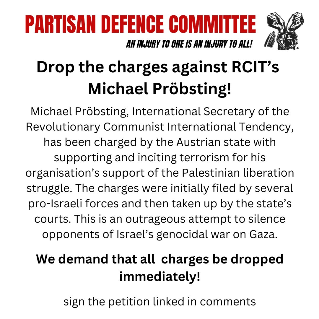 Sign the petition: No to the Criminal Complaint against Pro‐Palestine Activist Michael Pröbsting! 
thecommunists.net/rcit/petition-…

Read the RCIT article: thecommunists.net/rcit/petition-…