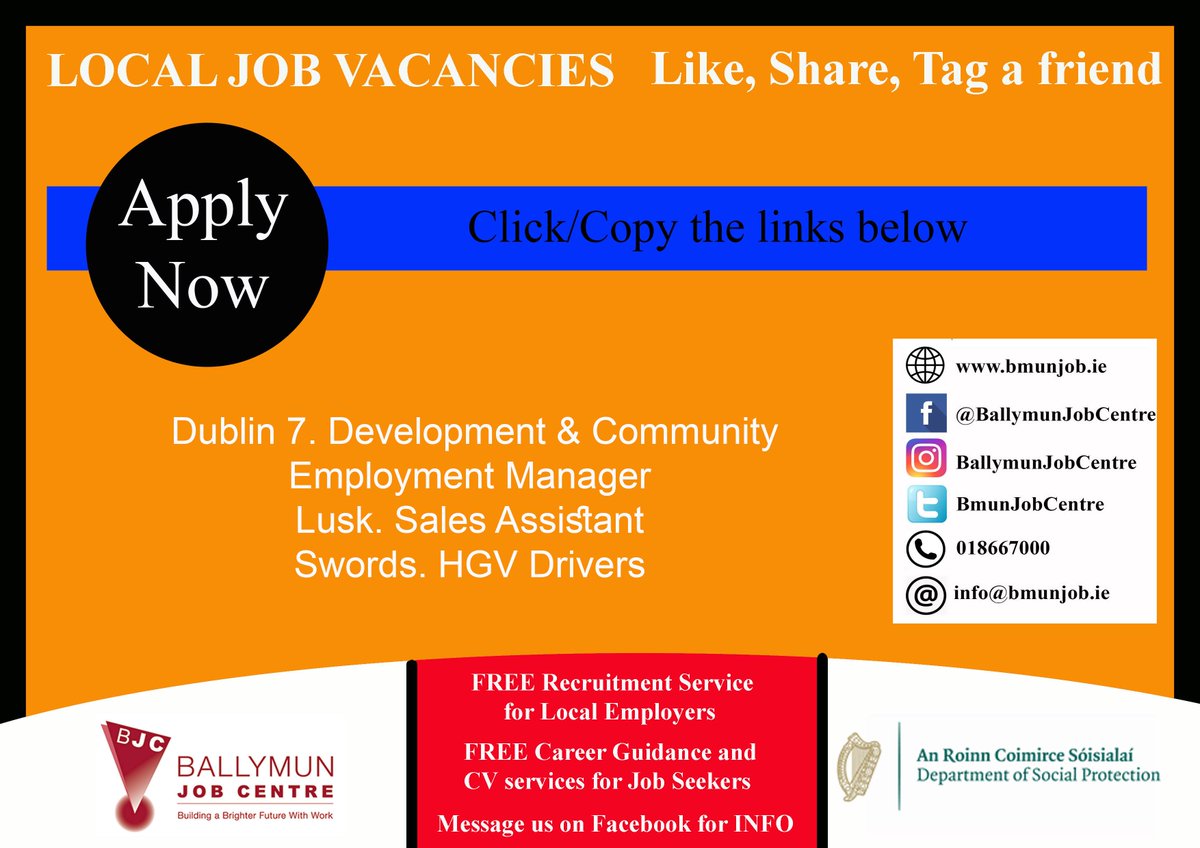 👉 Visit us at: Bmunjob.ie

Vacancies #bmunjob #jobfairy #dublinjobS
Dublin 7. Development & Community Employment Manager
is.gd/aObkls 
Lusk. Sales Assistant
applegreen-stores.rezoomo.com/job/63884/ 
Swords. HGV Drivers
jobsireland.ie/en-US/job-Deta…