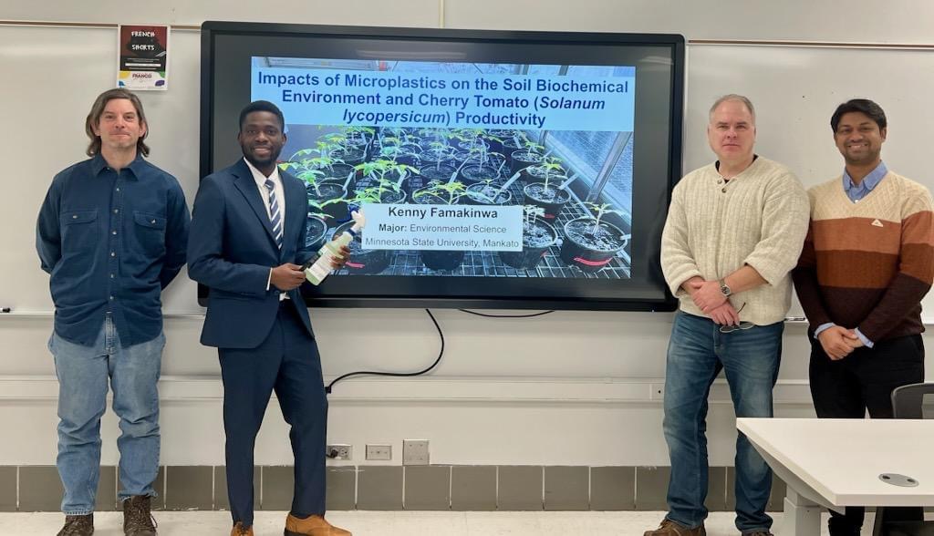 Many congratulations to Mr. Kenny Famakinwa for successfully defending his MS thesis. Many thanks to his committee members (L-R): Dr. Mark Bowen (Geography), Mr. Kenny Famakinwa, and Dr. Christopher Ruhland (Co-Advisor; Biology). Way to go, Kenny!