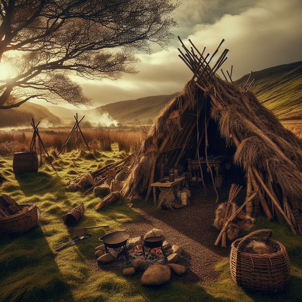 8,000BC - A hunter-gatherer camp near Biggar provides us with our earliest date for people in Scotland. They had a nomadic life, gathering shellfish and hunting animals like reindeer and wild oxen. They used arrows tipped with flint. At Howburn Farm in South Lanarkshire,
