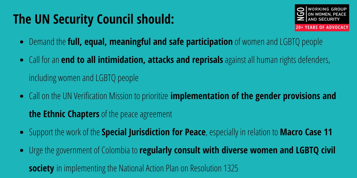 At the #UNSC, @Marcela_s_b calls on the international community to foster sustainable peace in #Colombia — including by supporting the full participation of LGBTQ people in all peacebuilding processes.